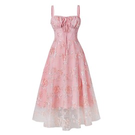 Nihsatin Women’s Pink Floral Embroidered Midi Dress with Corset Back Elegant A-Line Sleeveless Cocktail Party Dress