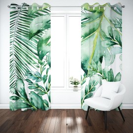 KARPIX Opaque Tropical Plants Palm Leaves Monstera Blackout Curtain Natural Theme Window Curtain with Eyelets for Children's Room (1.150 x 166 cm (2 x 75 x 166 cm))