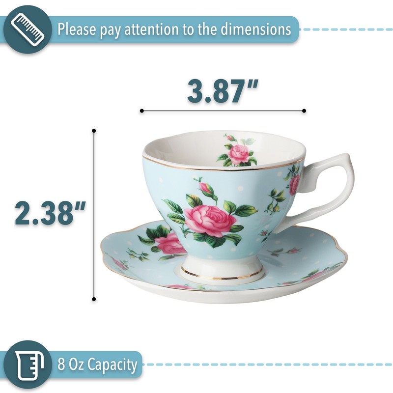 BTaT- Floral Tea Cups and Saucers, Set of 2, 8oz,