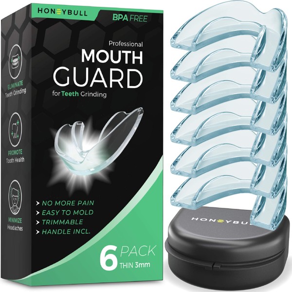 HONEYBULL Mouth Guard for Grinding Teeth [6 Pack] 1 Size for Light Grinding | Comfortable Custom Mouth Guard for Clenching Teeth at Night, Bruxism, Whitening Tray & Guard