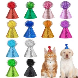 JpGdn 12PCS Mini Dog Birthday Party Cone Hats with Pompons for Small XS Tiny Kitten Cat Doggie Puppy Holiday Wedding Costume Accessories