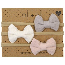 Ali+Oli Ultra-Soft Headband Bow Set Baby Girls- Handmade Baby Girl Headbands with Bows- Stretchy Nylon Hairbands for Newborn, Infant or Toddler- Baby Bow Headbands- Baby Accessories- Set of 3, Cream