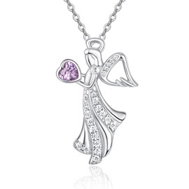 KINGWHYTE Angel Birthstone Necklace for Women 925 Sterling Silver Angel Pendant Necklace Birthstone Jewellery Birthday Gift for Women Girls, Sterling Silver, Amethyst