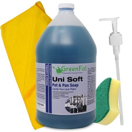 GreenFist Unisoft Kitchen Commercial Hand Dish Detergent Pot & Pan Soap Liquid [Concentrated] Light or Heavy Use (1 Gallon (w/Sponge,Pump & Towel))
