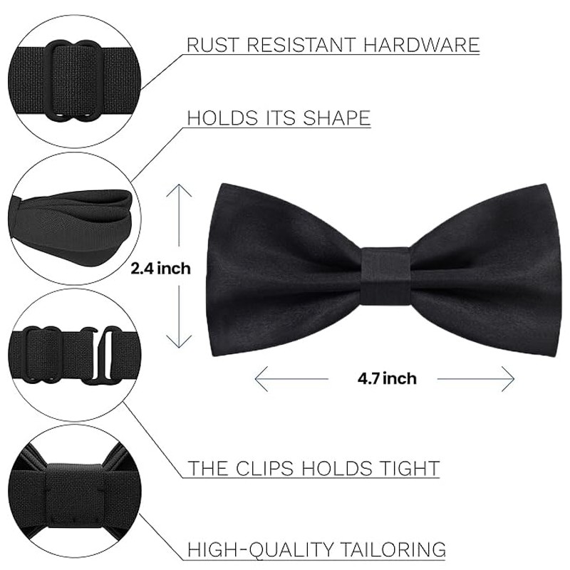 Men's Bow Tie, Solid Color Classic Pre-Tied Bow Tie, Satin