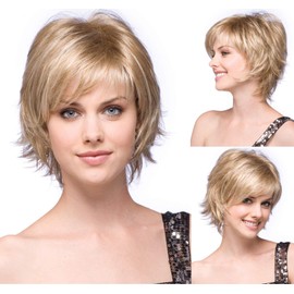 TISHINING Short Blonde Pixie Cut Wigs for White Women with Bangs Shaggy Layered Mixed Blonde Natural Wavy Synthetic Hair Wig Heat Resistant Fiber Hair Replacement Wig