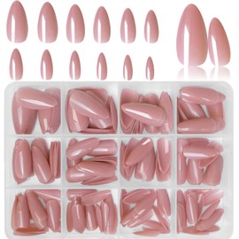 LoveOurHome 240pc Nude Almond Press on Nails Medium Fake Nails Nude Glue on Nails Short Stiletto Nails Press ons Full Cover Artificial Nail Tips Women Girls False Fingernail with Glue Adhesive Tabs
