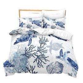 Loussiesd Turtle Duvet Cover Set Blue White Double Bedding Set Marine Life Sea Animals Print Comforter Cover Soft Microfiber Polyester Bedspread Cover with 2 Pillow Shams, Zipper, Ocean Theme