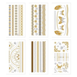 6 Stück Flash Tattoos, Gold Flash Tattoos Erwachsene, Temporäre Klebe-Tattoos Blätter Metallic Flash tattoos in Gold, Festival Party Accessoire