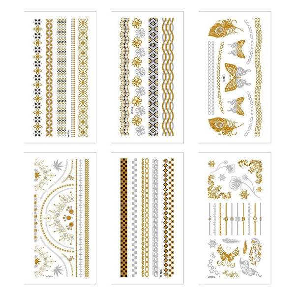 6 Stück Flash Tattoos, Gold Flash Tattoos Erwachsene, Temporäre Klebe-Tattoos