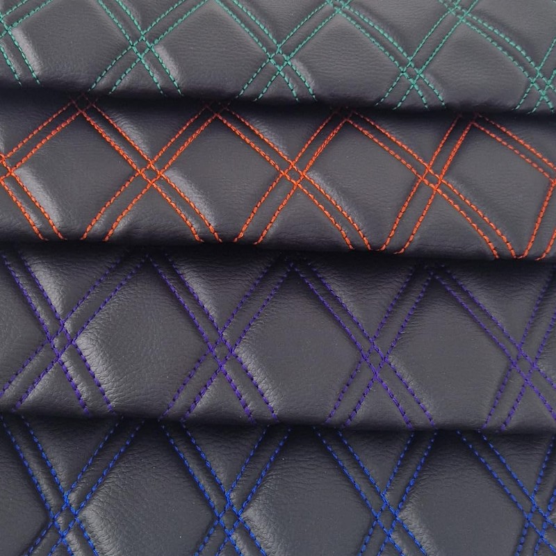 Black Faux Leather Quilted Fabric Double Diamond White Stitch Fluted