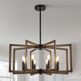 8-Light Metal Geometric Chandelier，Large Kitchen Pendant Lighting Over Island，Farmhouse Dining Room Light Fixture，Wood Grain Finish and Black Modern Chandelier