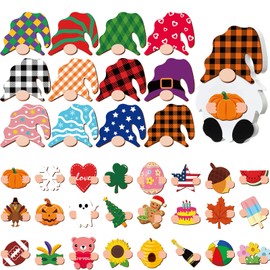37 Pcs Interchangeable Wooden Christmas Decor DIY Holiday Seasonal Table Decoration with 24 Magnet and 12 Detachable Hats for Christmas Home(Vivid)