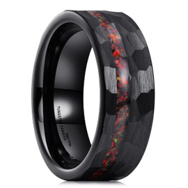 King Will Mens 8mm Black Hammered Tungsten Carbide Wedding Ring Red Opal Inlay Tungsten Ring wedding Band12