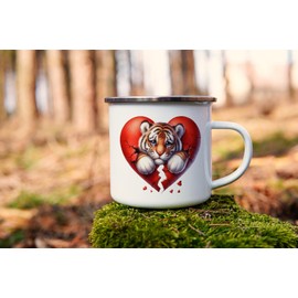 MAXIKIWI Langlebige Emaille-Kaffee- oder Tee-Camping-Tasse für drinnen und draußen, Motiv: gebrochenes Herz, 350 ml