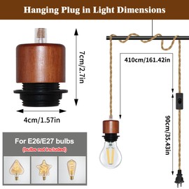 Plug in Hemp Rope Pendant Light, 500 CM Hanging Lights Cord with Plug in, Vintage Wooden E27 Lampholder Pendant Light Fixture Without Bulb