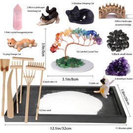 Dreamgirnh Zen Garden for Desk, with Crystals and Healing Stones & Cat Figurines, Miniature Meditation Sand Garden Stress Relief Desk Decor, Tools for Relaxation and Mindfulness