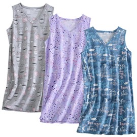 PNAEONG 3 Pack Womens Cotton Nightgown V Neck Nightshirts Sleeveless Sleepwear Casual Print Sleepdress Coffee+Good Night+Purple,L
