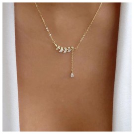 Inilbran Boho Crystal Leaf Y Lariat Necklace Gold Rhinestone Leaf CZ Y Drop Necklace Gold CZ Leaf Choker Necklace Vintage Crystal Leaf Necklace Jewellery for Women and Girls