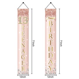 13th Birthday Decorations Door Banner for Girls, Pink Rose Gold 13 Teenager Happy Birthday Sign Party Supplies, Sweet Thirteen Year Old Birthday Backdrop Porch Décor