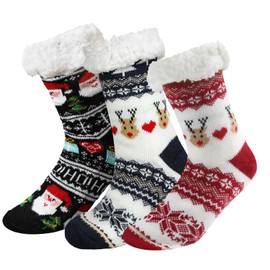 DERAYEE Cuddly Socks for Men Women Stopper Socks Warm Non-Slip Socks Gifts House Socks Fluffy Christmas Socks, 3 Pairs