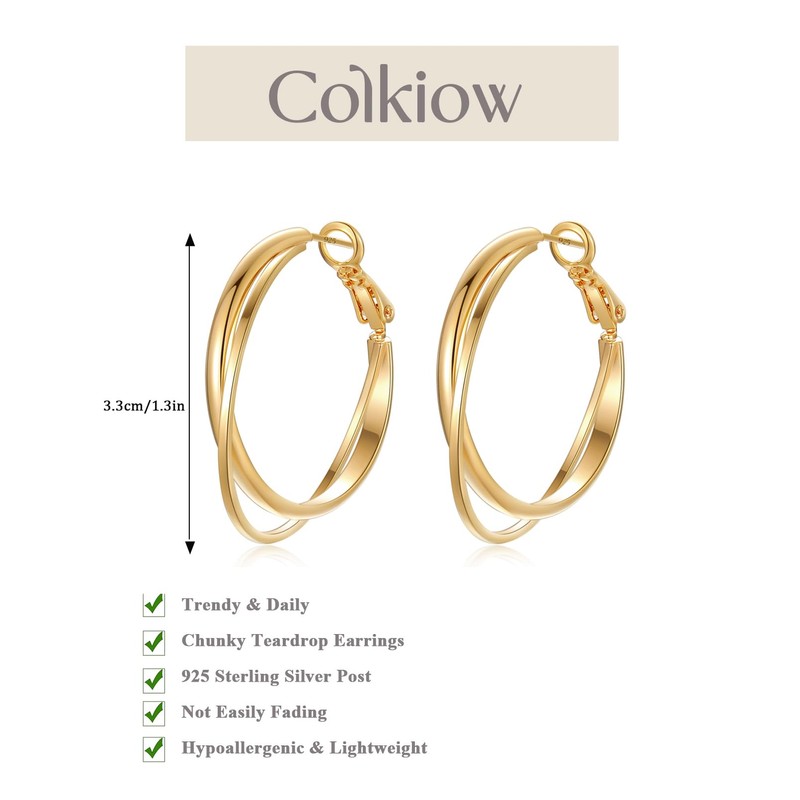Colkiow Gold Double Hoop 925 Sterling Silver Posts Statement Earrings