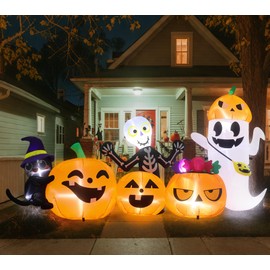 LOYO Halloween Inflatables Outdoor - 8.8 FT Halloween Blow Ups with Treat Bag & Four Character - Pumpkin, Ghost, Black Cat & Skeleton, Inflatable Decorations with Lights for Outside, Lawn, Yard Decor