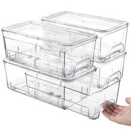 Audend 4 Pack Stackable Pull Out Storage Organizer, Clear Acrylic Drawers Container for Bathroom Accessories Makeup Cosmetic and Home Kitchen Counter Pantry Cabinet Organization