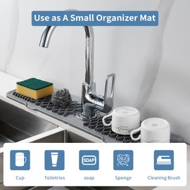 Kitchen Sink Splash Guard 23.6inch Grey Silicone Faucet Mat Draining Mat Longer Silicone Faucet Handle Drip Catcher Tray Bathroom Countertop Protect Mat for Kitchen Bathroom, Drip Protector Splash