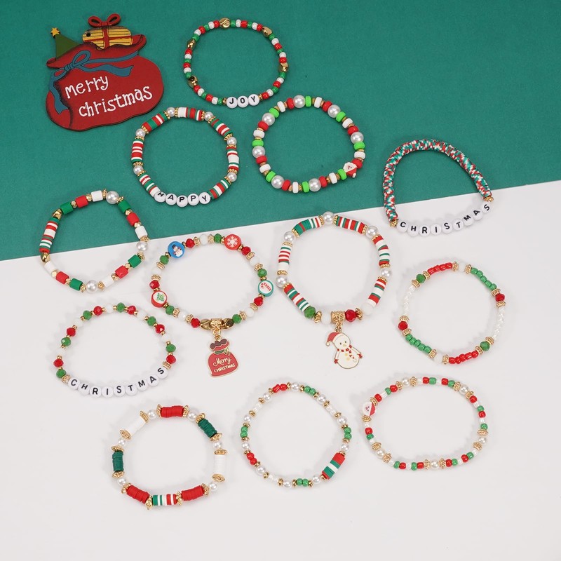 Twinfree 12pcs Christmas Bracelets Women Clay Bead Bracelet Xmas Decorations