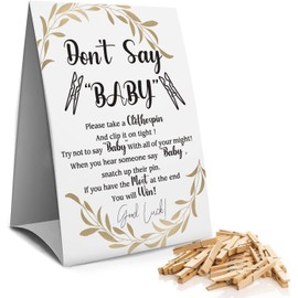 Baby Shower Games, Baby Shower Decorations, Gift, Boy/Girl, Neutral - Don't Say Baby Clothespin Games Sign + 50 Mini Clothespins - Baby Shower Party Decoration for Mum to Be,Gender Reveal Decorations