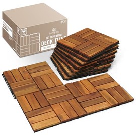 Tranquillo Interlocking Deck Tiles 12”x12”, Acacia Wood Patio Tiles, Waterproof Flooring Tiles for Indoor and Outdoor – Non-Slip, Easy Installation, Natural Finish, (10 Pcs - Covers 10 Sq.Ft.)