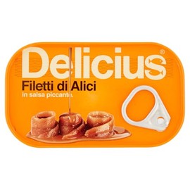 Delicius Scatola Filetti di Alici Arrotolati in Salsa Piccante 80g, Pescate e lavorate a mano, Sapore intenso, Ricetta esclusiva, in confezione riciclabile