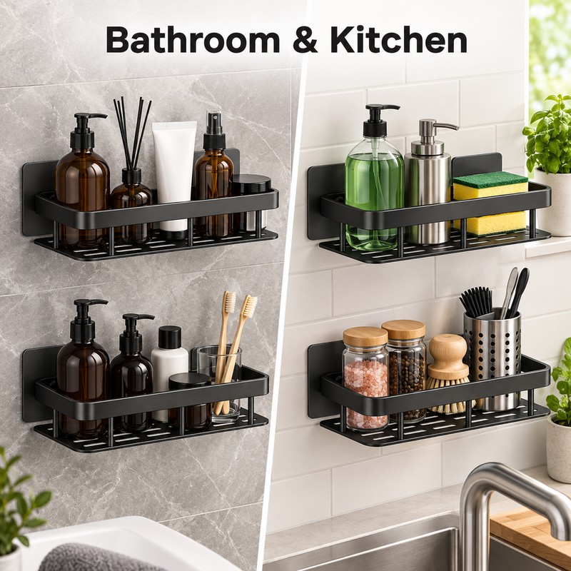 2pcs Aluminum Alloy Bathroom Shower Shelf – No-Drill Shampoo Rack