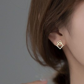 YienDoo Boho Tiny Square Crystal Hoop Earrings Gold Double Square Stud Earrings Minimalist Geometric Hoop Drop Earrings Statement Small Square Rhinestone Earrings Jewelry for Women