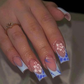 MISUD Press on Nails - Long Square Glue on Nails with Blue French Tip, Acrylic Summer Flower Design 24 pcs