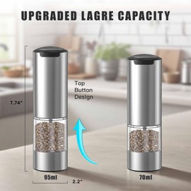 Rulsinbol Electric Salt and Pepper Grinder Set, Rechargeable Automatic Pepper Mill Grinder with Led Light, One Hand Operation, Adjustable Coarseness, USB-C Recharging, Refillable, 95ml, Silver(2 Pack)