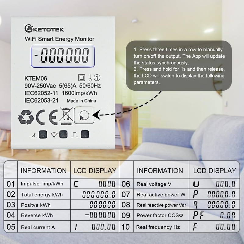 KETOTEK Smart Electricity Meter DIN Rail WLAN 1 Phase Current