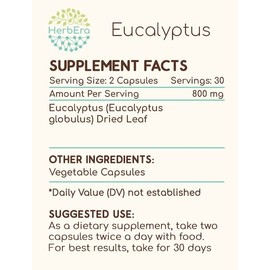 HerbEra Eucalyptus 60 Capsules, 400 mg, Eucalyptus (Eucalyptus Globulus) Dried Leaf (60 Capsules)