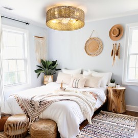 Fandelier Ceiling Fan with Light, 20 Inch Rattan Fans 。Remote Control ，Boho Caged，Handwoven，Flush Mount Low Profile 6 Speeds for Bedroom, Living Room,Dining Room.Yoga Room