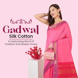 manvish drapes Gadwal Silk Cotton Saree with Buttas and Peacock Border Saree with Contrast Blouse Piece (Pink-Rani)