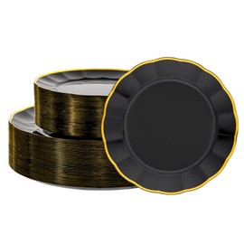 60pcs Black and Gold Plastic Plates for Party and Birthday Fancy Disposable Plates Heavy Duty Scalloped Plate Wedding Disposable Dinnerware Included 30 Dessert & Dinner Plate,Service for 30 Guests
