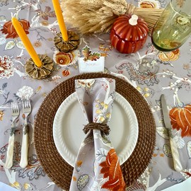 Amelie Michel Luxury French Cotton Print Tablecloth in Ceylan Floral, Taupe and Orange |Machine Washable Fabric Made in France [65" x 96" Rectangle]