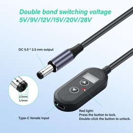 SinLoon PD 140W USB C to DC5525 Converter Cable | Adjustable Voltage 5V/9V/12V/15V/20V/28V | 5A Type-C Female to DC5525 Male Cable 20CM/0.65Ft