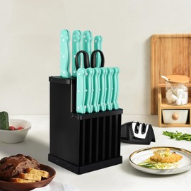 CuCut 16-Piece Kitchen Knife Set with Block - High Carbon Stainless Steel Knives, Black Non-Stick Coating, Triple Riveted Forged Turquoise Handle, Dishwasher Safe, Includes Knife Sharpener, Scissors