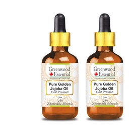 Greenwood Essential Pure Golden Jojoba Oil (Simmondsia Chinensis) with Glass Dropper Natural Therapeutic Quality Cold Pressed (Pack of Two) 100 ml x 2 (6.76 oz)