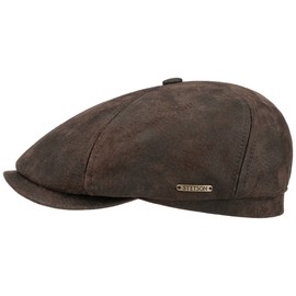 Stetson McCook Vintage Leather Cap - Flat Cap Men/Women - Leather Flat Cap (Pig, Velour) - Racket Cap with Cotton Lining - Flat Cap Winter/Summer, dark brown