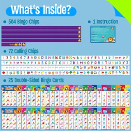 SpriteGru Alphabet & Numbers Bingo Game, Upper/Lowercase Letters, 52 First Words & 20 Numbers Learning- ABC and 123 Bingo Board Game for Kids 4-8, Perfect for Classroom & at Home (Up to 25 Players)