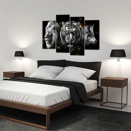 Derkymo Wildlife Framed Canvas Wall Art Tiger Lion Wolf Head with Gold Eyes Pictures Black and White Animal Framed Artwork Easy to Hang