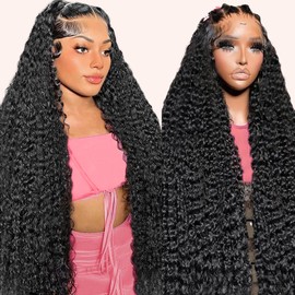 13x6 Deep Wave Lace Front Wigs Human Hair Pre Plucked 200% Density HD Transparent Deep Curly Lace Frontal Wigs Human Hair Curly Full Lace Front wig with Baby Hair Natural Color for Women 26Inch